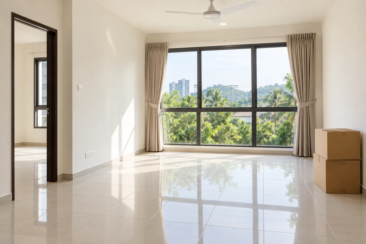 A bright, clean apartment with moving boxes at the side
