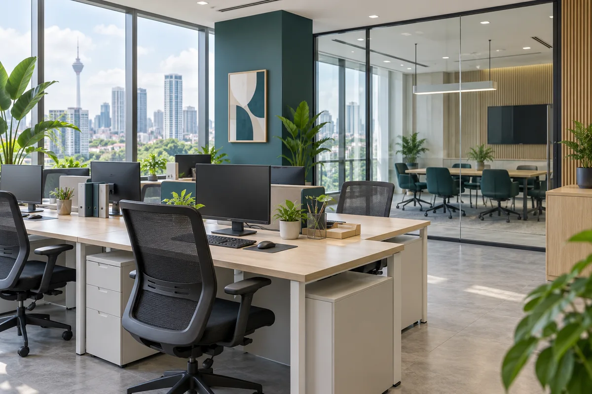 A tidy office with oak desks, plants and natural daylight